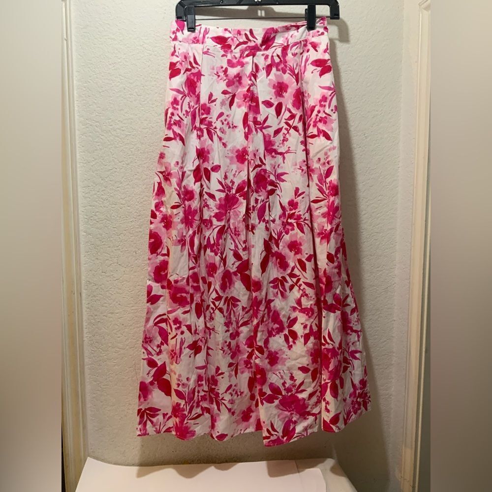 Zara Pink & White Floral A-Line Midi Skirt – Size S